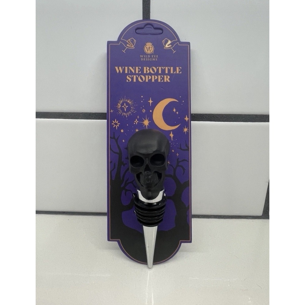 NEW!! WILD EYE DESIGNS Black Skull Wine Bottle Stopper Halloween